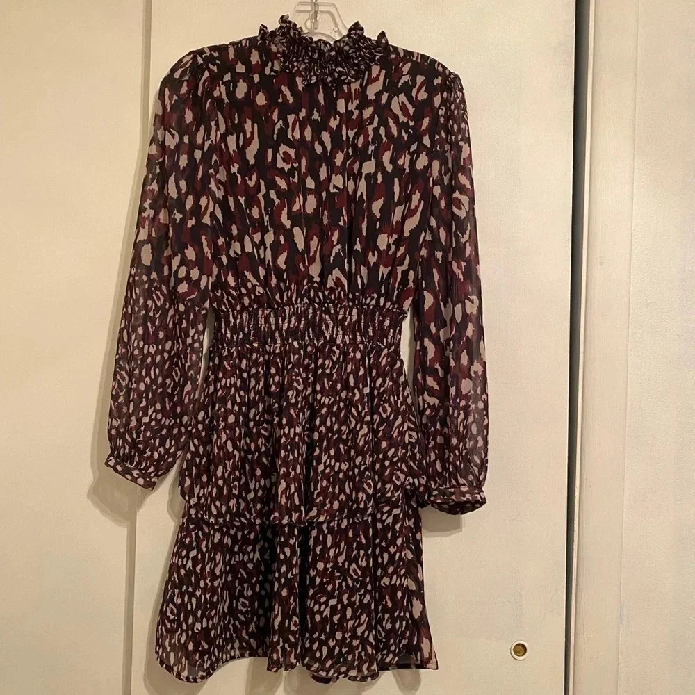 Ruffle Stand Collar Long Sleeve Abstract Dress, Women’s Size